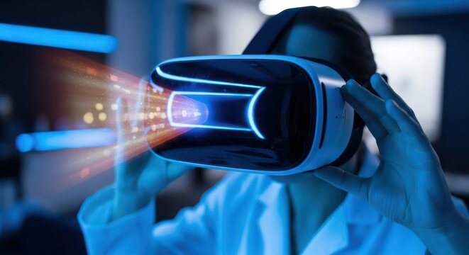 Immersive virtual reality experience: a scientist exploring simulated worlds through advanced - Powered by Adobe