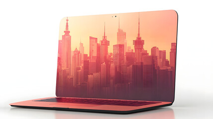 Stunning modern laptop displays vibrant city skyline at sunset, inspiring digital connection and global reach.