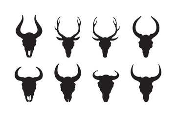 Deer and bison skull with horn silhouette element design set. Western animal skull and antlers icons pack. Wild bull skull head with horns symbol sign collection rustic design. Vector Illustration © salzcreative