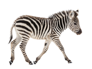 Striking Zebra Foal with Unique Black and White Stripes Walking with Graceful Movement on an Isolated Background Capturing the Essence of African Wildlife