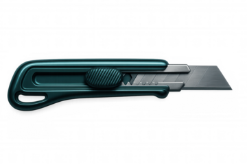 Studio shot of a green utility knife with a retractable blade, isolated on a transparent background