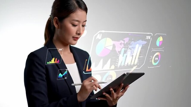 Businessman using AI analytics tools and KPI report dashboards for data driven decision making, tracking growth performance, business reporting, data visualization and team productivity tracking