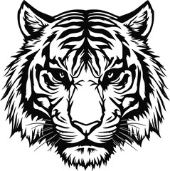 Tiger Face Silhouette Vector — Bold Black and White Symmetrical Illustration with Fierce Eyes and Tribal-Inspired Detailing