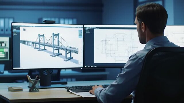 Engineer working on bridge design on dual monitors