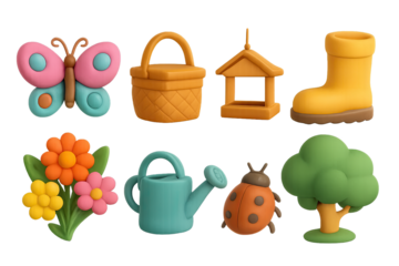 Whimsical springtime icons: gardening, nature, and wildlife elements
