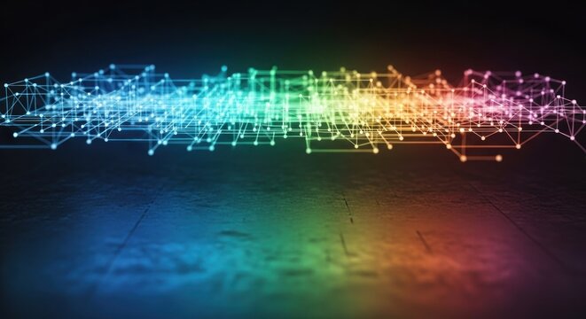 Abstract digital network graphic with vibrant colors.  A complex network of interconnected lines and points, glowing with a spectrum of colors, floats above a textured dark surface