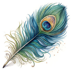 Obraz premium Illustration of watercolor painting of a peacock feather isolated on white background, displaying its intricate details