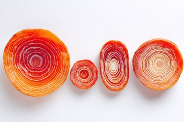 Sliced root vegetables with concentric red and orange rings on white