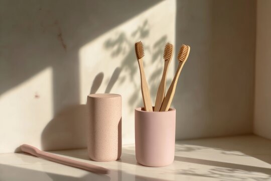 Toothbrushes in pink holders cast soft shadows on a bright countertop