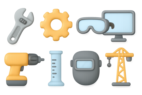 Glowing industrial tools set in 3d style with neon lighting effects