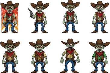 Cartoon zombie cowboy character set with hat, undead western outlaw vector, horror game design, spooky sheriff illustration collection.