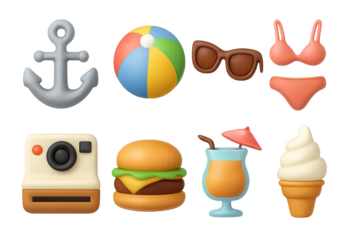 Summer vibes icon set: 3d beach, food, and fun elements
