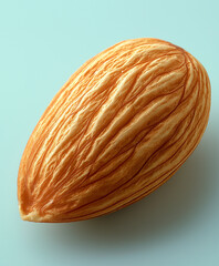 Close up of single raw almond nut isolated on white background, healthy organic food ingredient rich in protein and nutrients