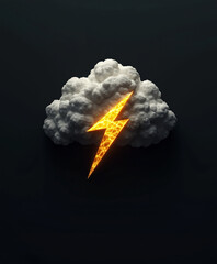 3D illustration of thunderstorm cloud with glowing lightning bolt, dramatic weather icon, dark background, electricity and energy concept design