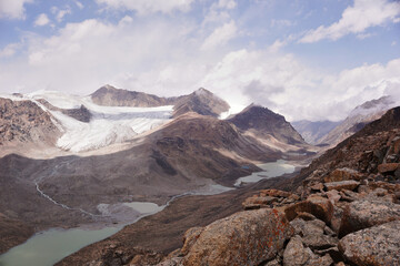 top view of a mountain plateau with a chain of lakes in Kyrgyzstan, Tien Shan