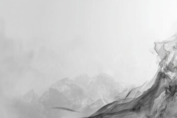 Monochrome mountain range partially obscured by wisps of fog or smoke, creating a serene, ethereal atmosphere