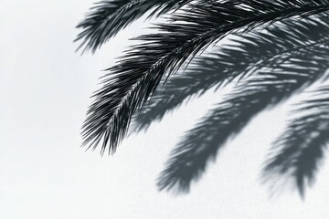 Obraz premium Palm frond casts a sharp, stylized shadow on a white wall, creating a graphic, minimalist feel. Cool tones prevail