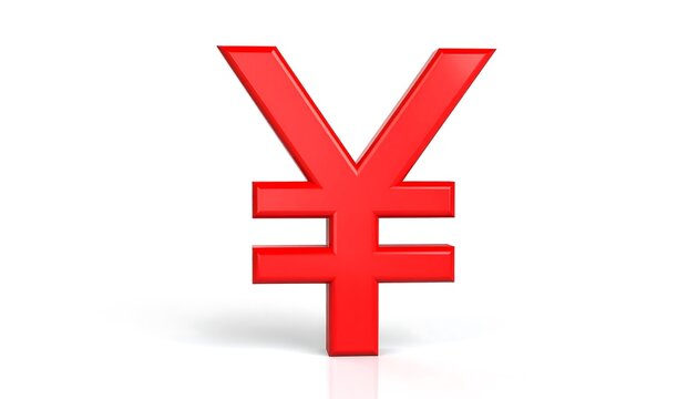 A vivid red yen symbol stands boldly against a plain white background.