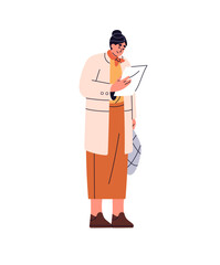 Adult woman with string bag of grocery goods reads document. Lady holds paper in hand, discovers about sales in shop from announcement, notice. Flat isolated vector illustration on white background