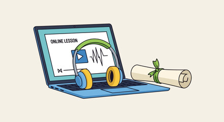 Laptop displays online lesson with headphones and diploma representing successful completion of elearning course, symbolizing education and achievement.