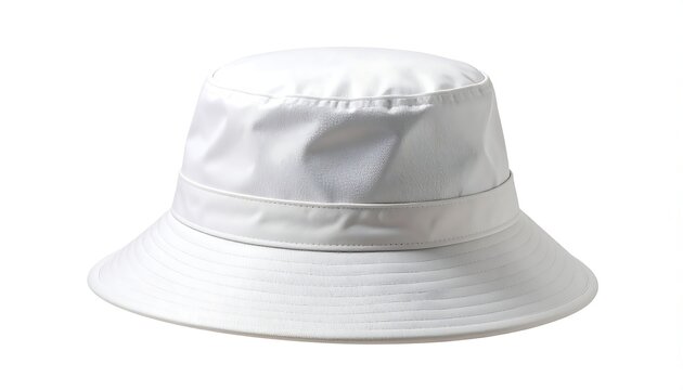 Plain white bucket hat, simple design, stiff brim