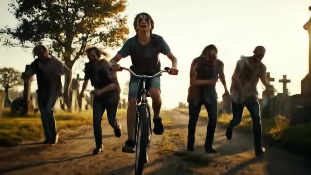 Youngster on Bicycle Evaded by Undead Horde in Graveyard