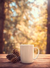Mug & cones on wood table with blurred fall forest behind, sunlit
