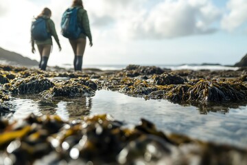 Two hikers exploring a rocky shore lined with seaweed on a cloudy day