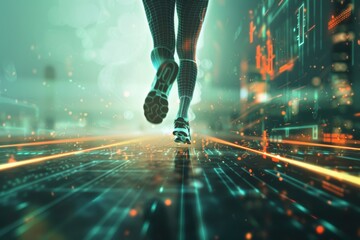 Artificial intelligence predicting sports performance with athlete running on futuristic track