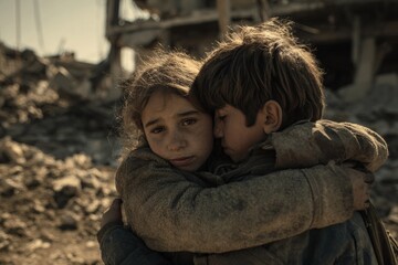 Children embracing amidst war-torn ruins: a symbol of hope and resilience