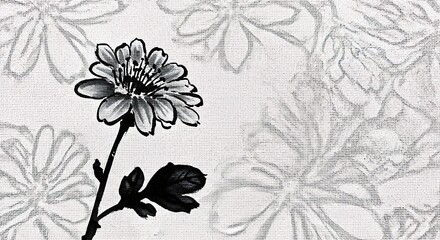 Elegant black and white sketch of a chrysanthemum flower on a floral pattern background.