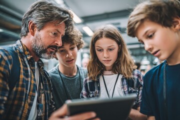 Teacher explaining code on tablet to students during programming lesson