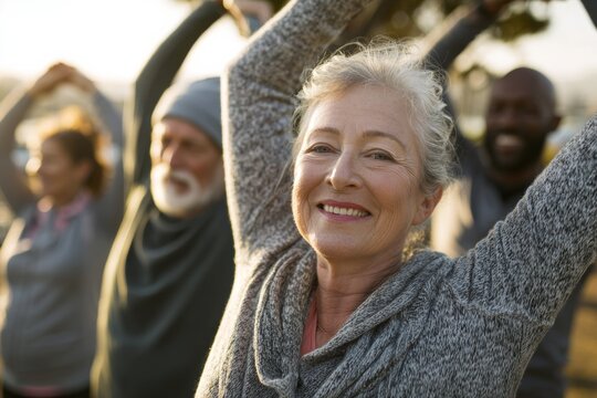 Active seniors stretching outdoors: embracing health and inclusivity