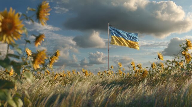 Ukrainian flag waving in a sunflower field under cloudy sky - Powered by Adobe