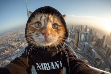 Ginger cat wearing nirvana hoodie taking selfie above dubai skyline