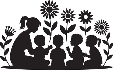 Kindergarten teacher with children silhouette vector art black color design and solid white background