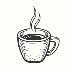 Single monochrome coffee cup drawing presents stylized steam against a cream colored background