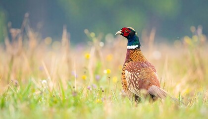 A captivating ring-necked pheasant stands amidst a field of wildflowers and tall grass, showcasing vibrant plumage and a serene natural environment.