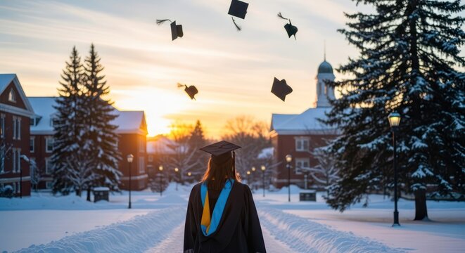 Winter graduation scene with cap throwing against the backdrop of a stunning sunset in the snow