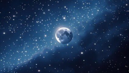 Fototapeta premium A serene celestial scene, showcasing a luminous moon amidst a vast expanse of twinkling stars and atmospheric clouds, bathed in deep blue hues.