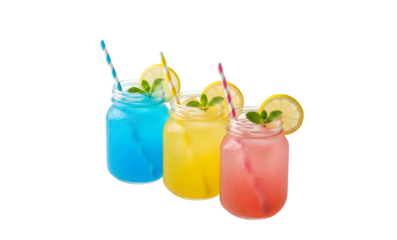 Chilled, vibrant summer lemonade beverages. Blue, yellow, and pink hues in mason jar glasses set against a white backdrop.

