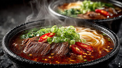 Fototapeta premium Close up of a bowl of delicious taiwanese beef noodle soup with fresh ingredients and hot broth