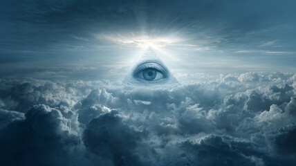 Eye of providence floating over majestic cloudscape