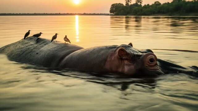 A hippopotamus wallows in water as the sun sets with birds perched on its back