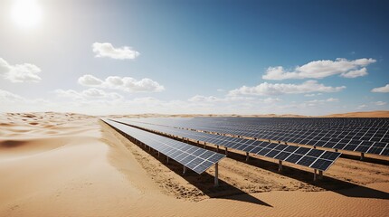 Solar farm in desert landscape generating renewable clean energy