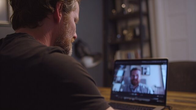 Man having online therapy session with psychologist using laptop - Powered by Adobe