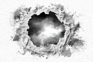 Torn hole effect, rough edges fading into texture. Dark center gives way to light. B/W illustration creates a distressed look