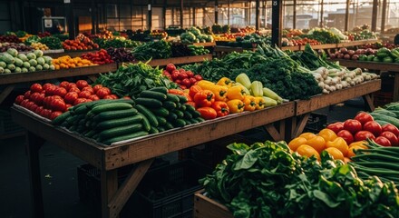 Abundant produce displays at a vibrant farmers market.  Fresh, colorful fruits and vegetables are arranged neatly on wooden tables, creating a bustling atmosphere