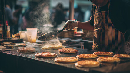 Vendor flipping pancakes at a morning market, fast food, photo style
