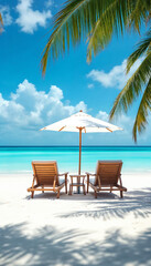 Fototapeta premium Wide shot of a beach with chairs and umbrella. 